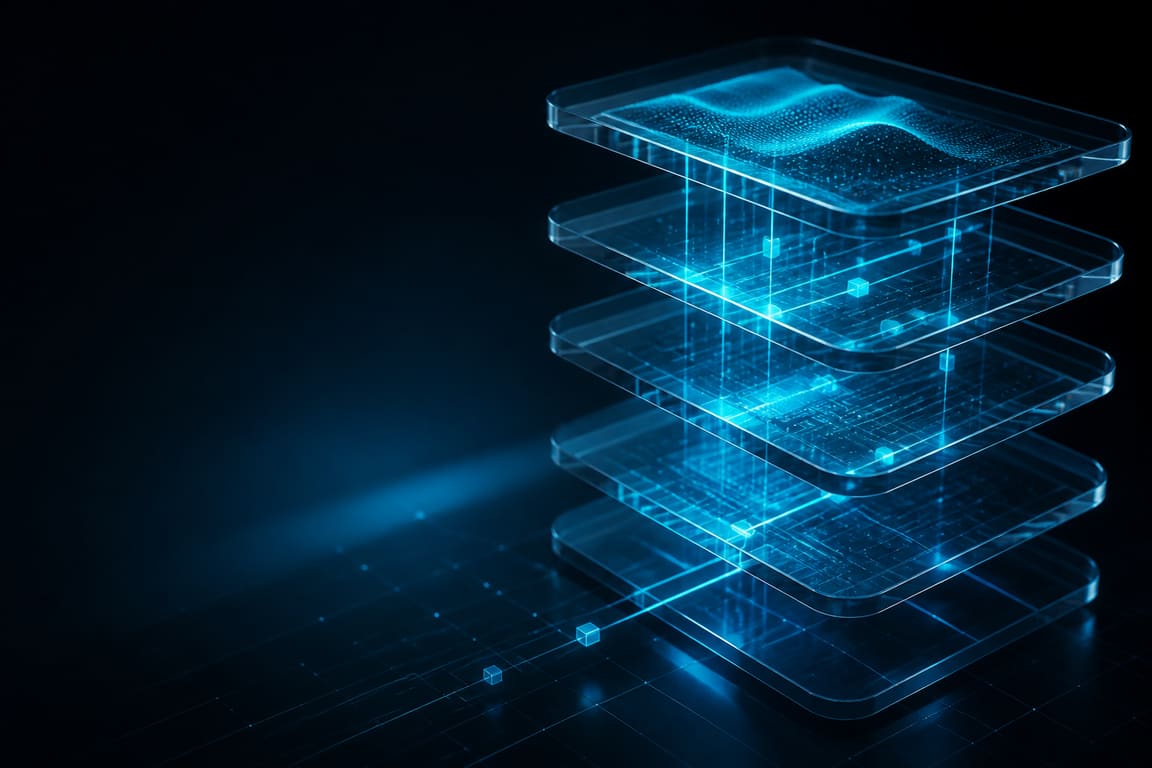 Ilustración: capas de software translúcidas apiladas con circuitos luminosos entre ellas
